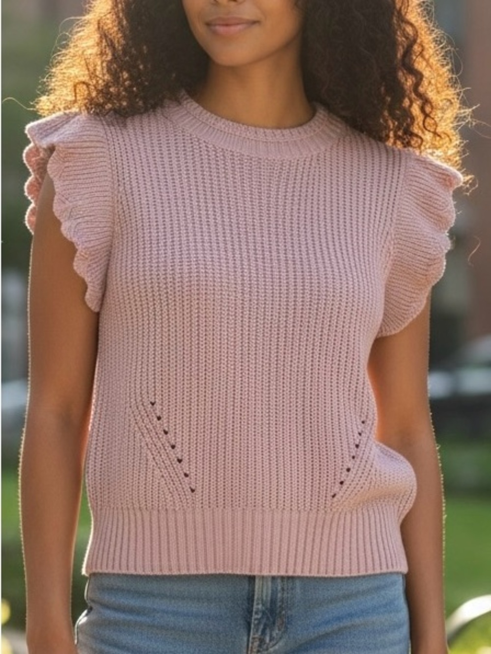 Questions? Women’s Pink Blush Knit Ruffle Sleeveless Sweater Crew Neck Size L